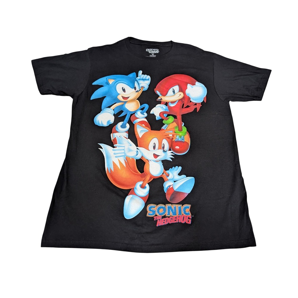 Sonic the Hedgehog T-Shirt Mens M Black Sonic Tails Knuckles Graphic Tee Sega